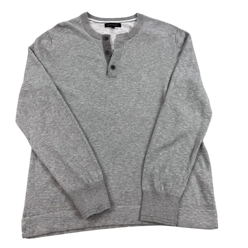 Banana Republic Sweater Mens Large Gray 100% Cotton Henley Knit Pullover